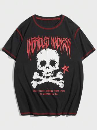 Herren Totenkopf & Slogan Grafik Top-stitching T-Shirt