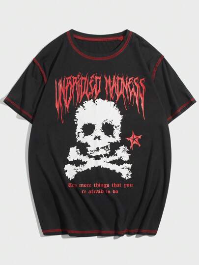 T-shirt Pour Hommes En Avec Crâne Et Slogan Graphique Surpiqué