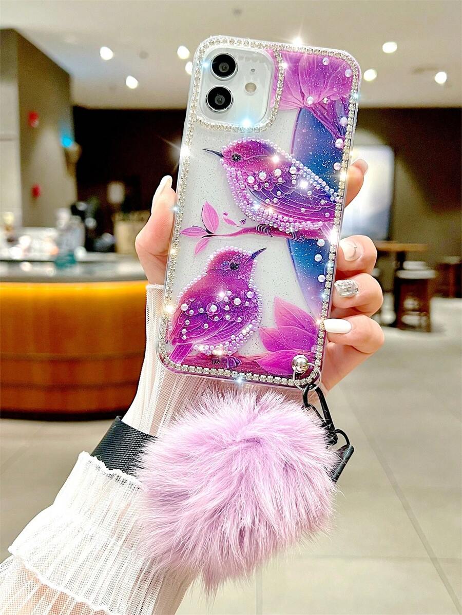 水鑽裝飾鳥樣式手機殼帶小絨球吊墜 - 彩色 - 查看 1