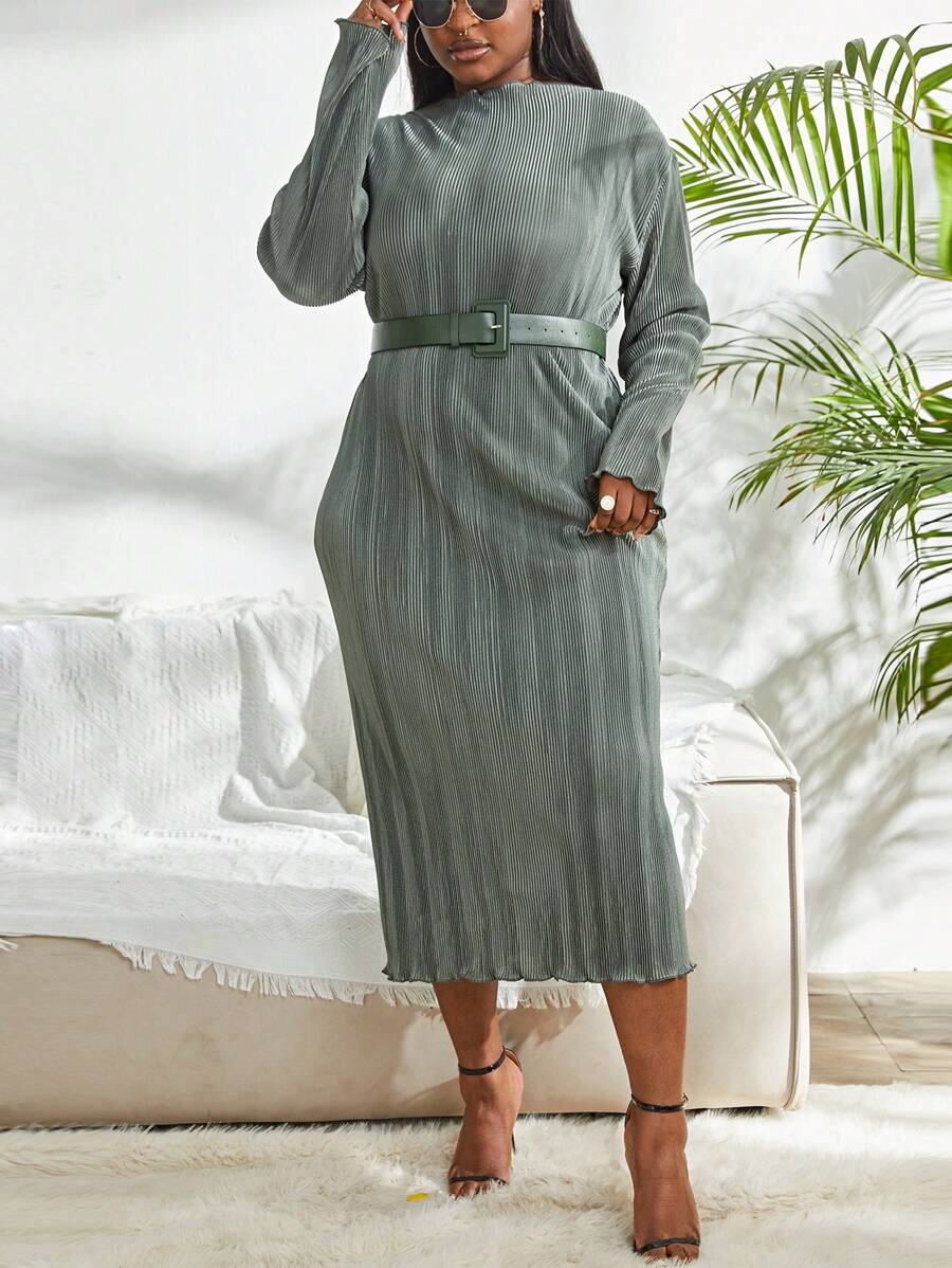 Plus Mock Neck Belted Dress - Mint Green - View 1