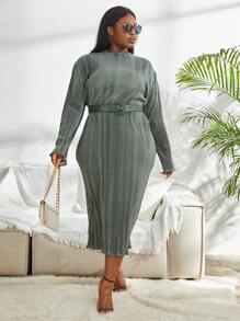 Plus Mock Neck Belted Dress - Mint Green - View 3