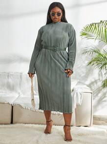 Plus Mock Neck Belted Dress - Mint Green - View 4