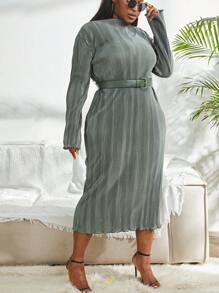 Plus Mock Neck Belted Dress - Mint Green - View 6