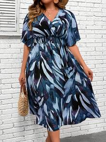 Breezaya Plus Allover Print Butterfly Sleeve Dress Maxi Women Outfit - Multicolor - View 4