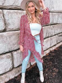 Allover Print Open Front Kimono Summer - Red - View 3