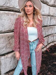Allover Print Open Front Kimono Summer - Red - View 5