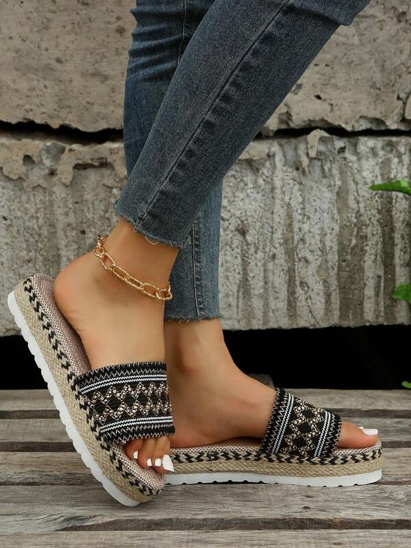 Women Geometric Pattern Espadrille Wedge Slide Sandals, Vacation Summer Sandals