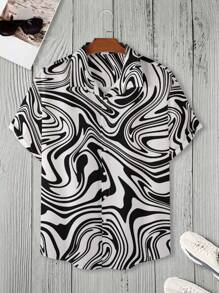 Manfinity LEGND Camisa Holgada De Hombre Con Estampado De Mármol - Blanco y Negro - Ver 1