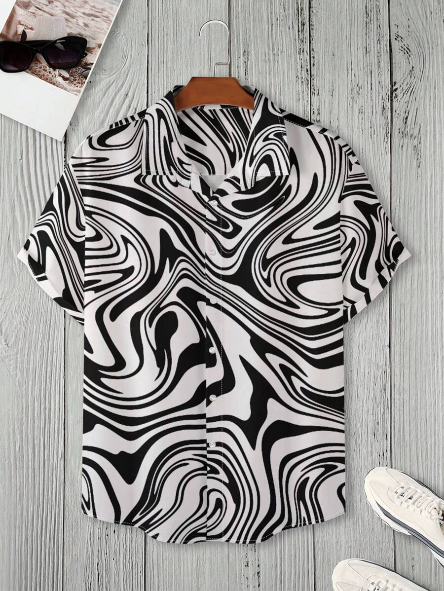 Manfinity LEGND Camisa Holgada De Hombre Con Estampado De Mármol - Blanco y Negro - Ver 1