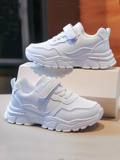 Girls Hook-and-loop Fastener Chunky Sneakers, Sporty Outdoor White Sneakers