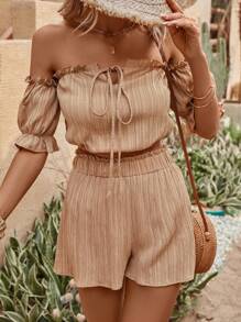 SHEIN VCAY 一字肩褶邊前繫帶上衣和短褲 - 卡其色 - 查看 1