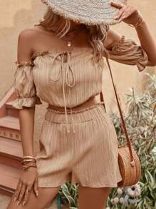 SHEIN VCAY 一字肩褶邊前繫帶上衣和短褲 - 卡其色 - 查看 5