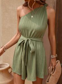 SHEIN VCAY Solid One Shoulder Belted Romper - Green - View 6