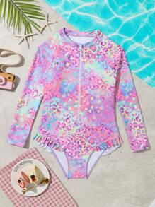 SHEIN Tween Girl Leopard Print Zipper Front Ruffle Trim One Piece Swimsuit - Multicolor - View 1