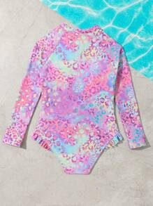 SHEIN Tween Girl Leopard Print Zipper Front Ruffle Trim One Piece Swimsuit - Multicolor - View 2
