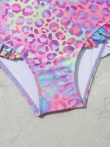 SHEIN Tween Girl Leopard Print Zipper Front Ruffle Trim One Piece Swimsuit - Multicolor - View 3