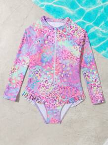 SHEIN Tween Girl Leopard Print Zipper Front Ruffle Trim One Piece Swimsuit - Multicolor - View 5