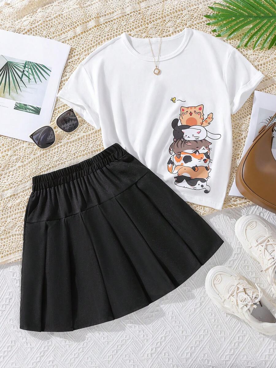 女孩卡通圖案T恤和百褶半身裙 - 黑與白 - 查看 1