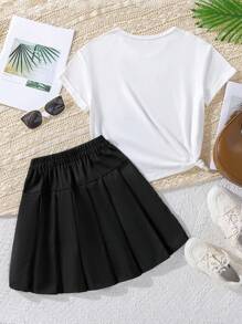 女孩卡通圖案T恤和百褶半身裙 - 黑與白 - 查看 2