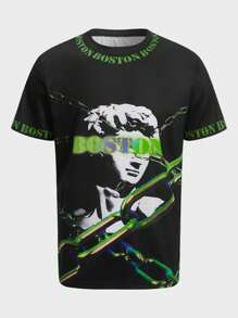 ROMWE MEN Street Life Guys Letter Figure Graphic Tee - Black - View 1