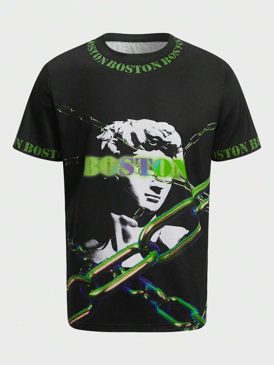 ROMWE MEN Street Life Guys Letter Figure Graphic Tee - Black - View 1