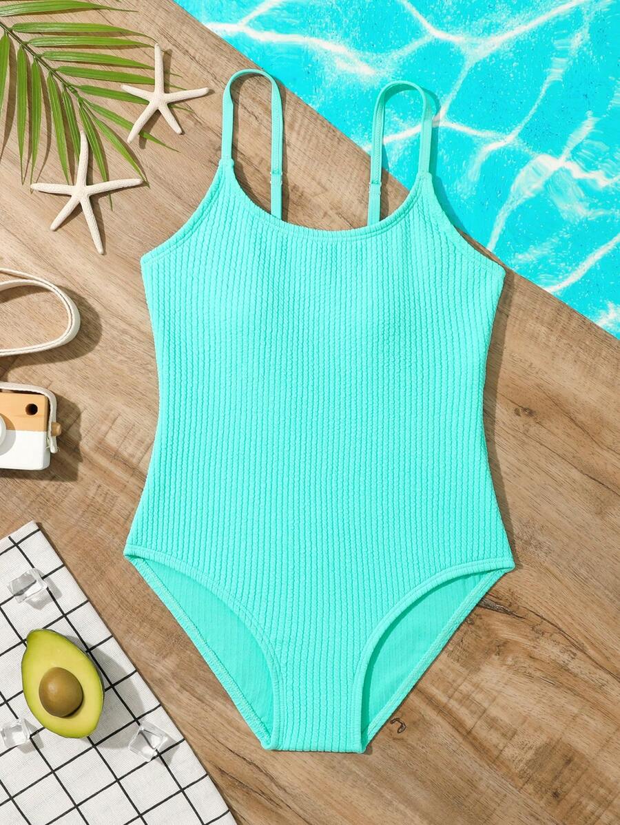 Tween Girl Solid Smocked One Piece Swimsuit - Mint Blue - View 1