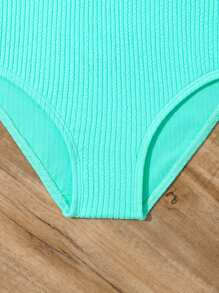 Tween Girl Solid Smocked One Piece Swimsuit - Mint Blue - View 4