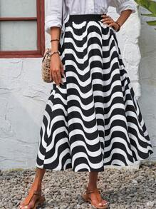 SHEIN VCAY 波浪線圖案喇叭半身裙 - 黑與白 - 查看 5