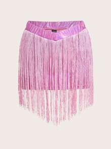 SHEIN ICON Rave Fringe Trim Metallic Skirt - Hot Pink - View 5