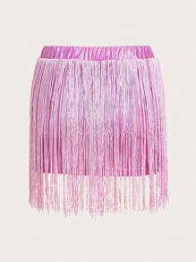 SHEIN ICON Rave Fringe Trim Metallic Skirt - Hot Pink - View 6