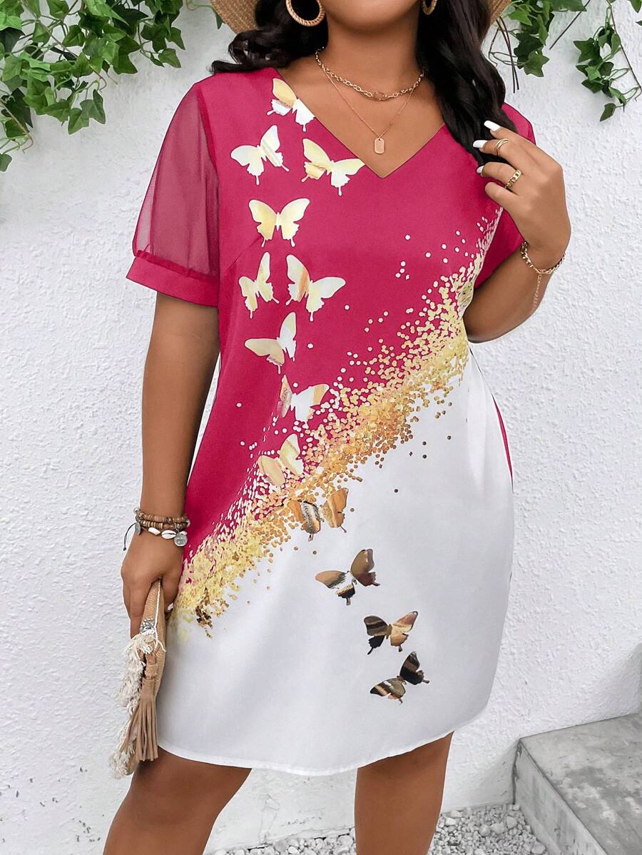 SHEIN Clasi Plus Butterfly Print Contrast Mesh Tunic Dress - Multicolor - View 1