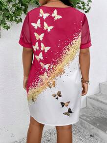 SHEIN Clasi Plus Butterfly Print Contrast Mesh Tunic Dress - Multicolor - View 2