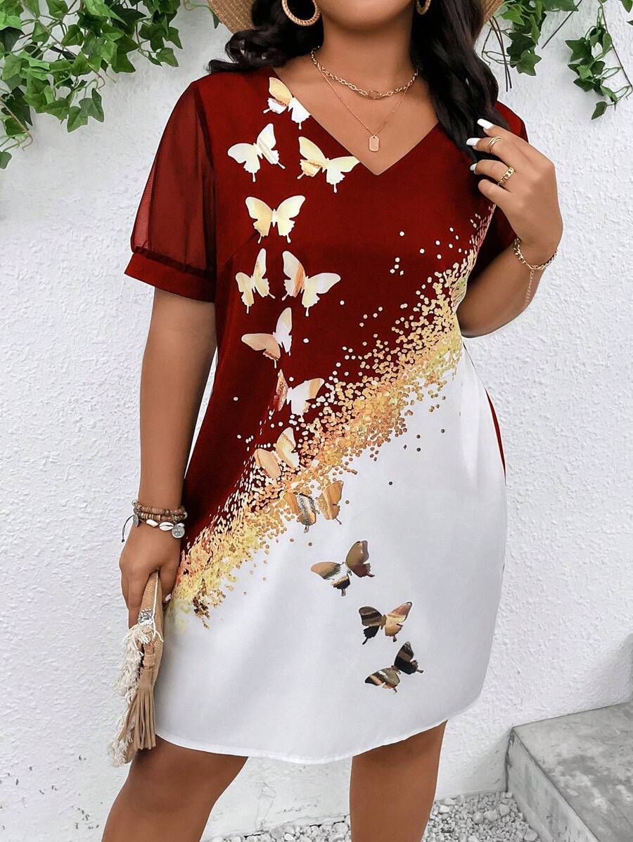 SHEIN Clasi 大碼蝴蝶圖案網紗拼接直筒連衣裙 - 酒紅色 - 查看 1