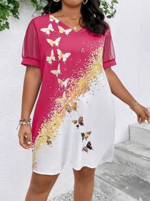 SHEIN Clasi Plus Butterfly Print Contrast Mesh Tunic Dress - Multicolor - View 3