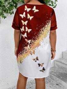 SHEIN Clasi 大碼蝴蝶圖案網紗拼接直筒連衣裙 - 酒紅色 - 查看 2