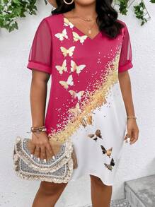 SHEIN Clasi Plus Butterfly Print Contrast Mesh Tunic Dress - Multicolor - View 4