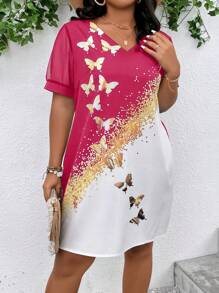 SHEIN Clasi Plus Butterfly Print Contrast Mesh Tunic Dress - Multicolor - View 5