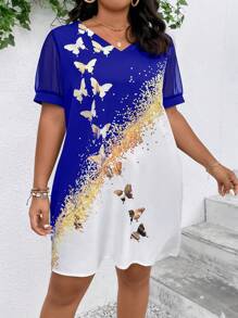 SHEIN Clasi Đầm Plus Size Tương phản Mesh Loại bướm Giải trí - Xanh đậm - Xem 4