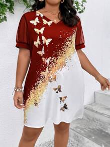 SHEIN Clasi 大碼蝴蝶圖案網紗拼接直筒連衣裙 - 酒紅色 - 查看 5