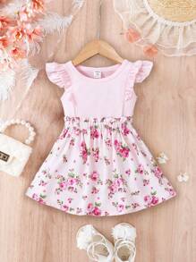 Baby Floral Print Ruffle Trim Top & Paperbag Waist Skirt - Baby Pink - View 1