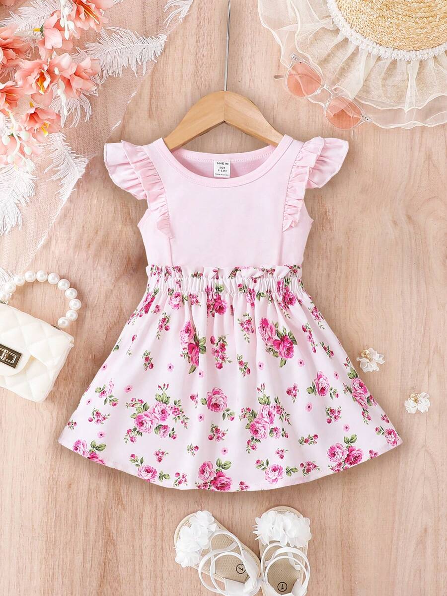 Baby Floral Print Ruffle Trim Top & Paperbag Waist Skirt - Baby Pink - View 1