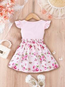 Baby Floral Print Ruffle Trim Top & Paperbag Waist Skirt - Baby Pink - View 2