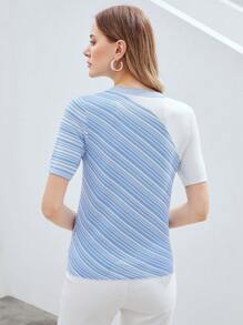 MOTF PREMIUM Knit ngọn Sọc - Xanh và trắng - Xem 7