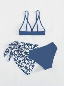 SHEIN 青少年女孩纯色比基尼套装，带花卉印花罩裙，夏季海滩