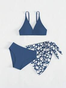 SHEIN 青少年女孩纯色比基尼套装，带花卉印花罩裙，夏季海滩