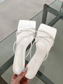 女士鱷魚壓紋結飾小貓跟穆勒時尚夏天高跟涼鞋 - 米色 - 查看 1