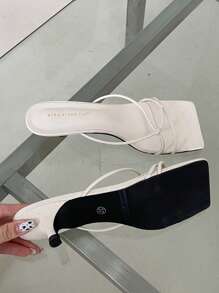 女士鱷魚壓紋結飾小貓跟穆勒時尚夏天高跟涼鞋 - 米色 - 查看 4