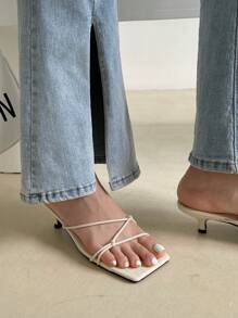 女士鱷魚壓紋結飾小貓跟穆勒時尚夏天高跟涼鞋 - 米色 - 查看 5