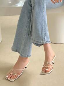 女士鱷魚壓紋結飾小貓跟穆勒時尚夏天高跟涼鞋 - 米色 - 查看 6