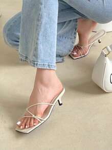 女士鱷魚壓紋結飾小貓跟穆勒時尚夏天高跟涼鞋 - 米色 - 查看 7